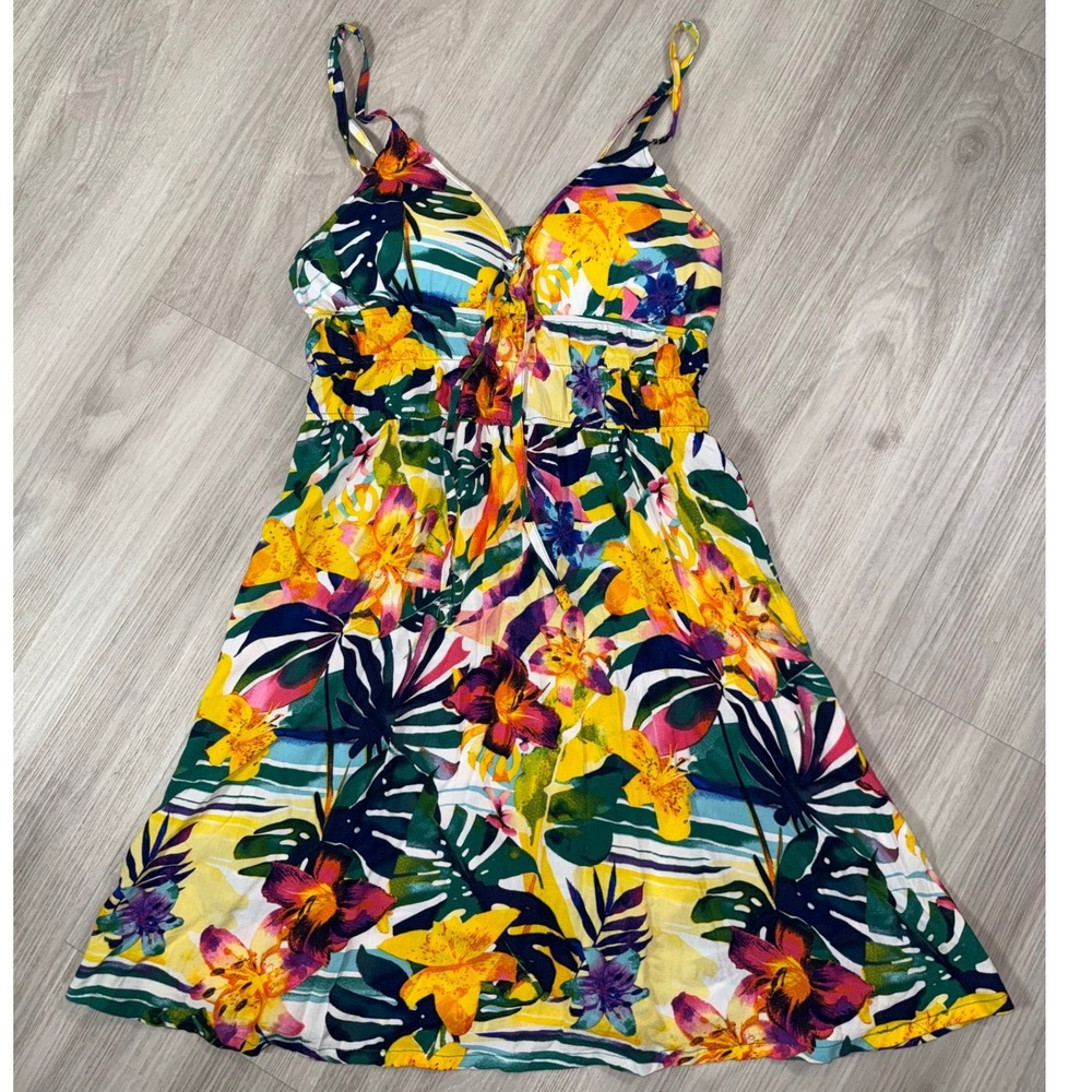 Jolie & Joy Tropical Floral Smocked Waist Tie Front Mini Sundress Yellow Multi L - Picture 2 of 9